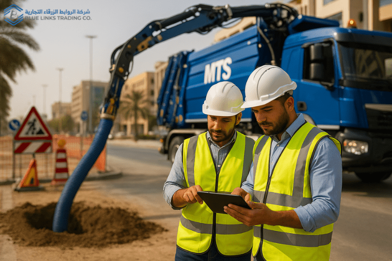 Two engineers in reflective vests and helmets operate an MTS Suction Excavator using a tablet on a Saudi construction site.