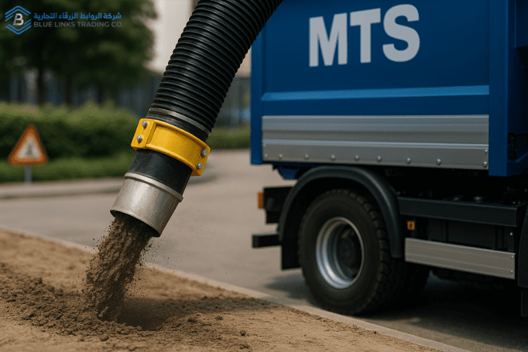 Close-up of the MTS Suction Excavator hose vacuuming soil into the truck tank with visible dust particles.