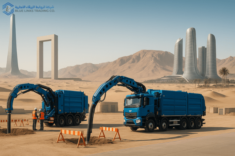 Two blue MTS Suction Excavator trucks operating in a NEOM-style desert cityscape with futuristic towers and energy-efficient infrastructure.