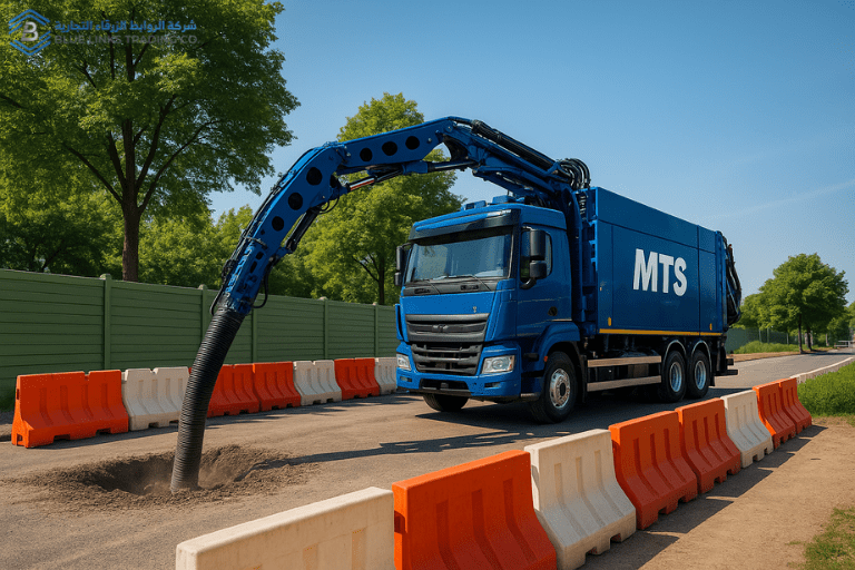 MTS Suction Excavator operating in an eco-friendly urban area with green trees and clean air barriers.