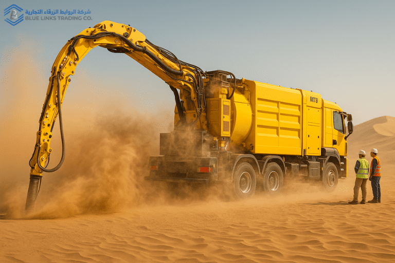 معدات الحفر بالشفط أثناء عملها وسط عاصفة رملية في الخليج.