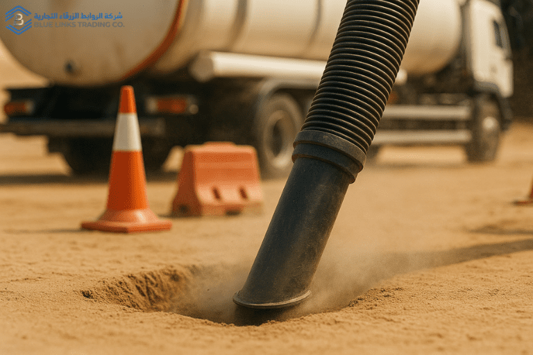 A contained suction system capturing fine desert sand inside a tank with minimal airborne dust around the excavation zone.