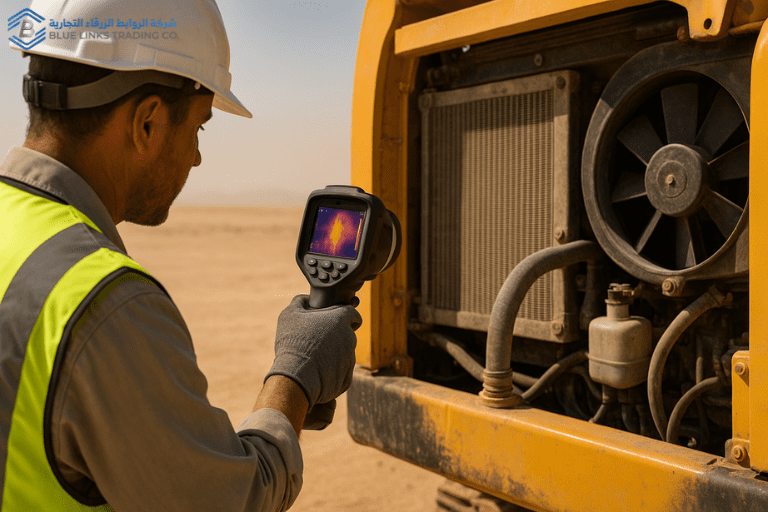 Technician using an infrared thermometer and thermal camera to check a suction excavator’s cooling module under extreme desert heat.