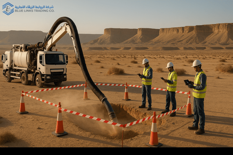 Suction excavation team operating in NEOM’s arid terrain with controlled work zone, clean air, and visible monitoring instruments.