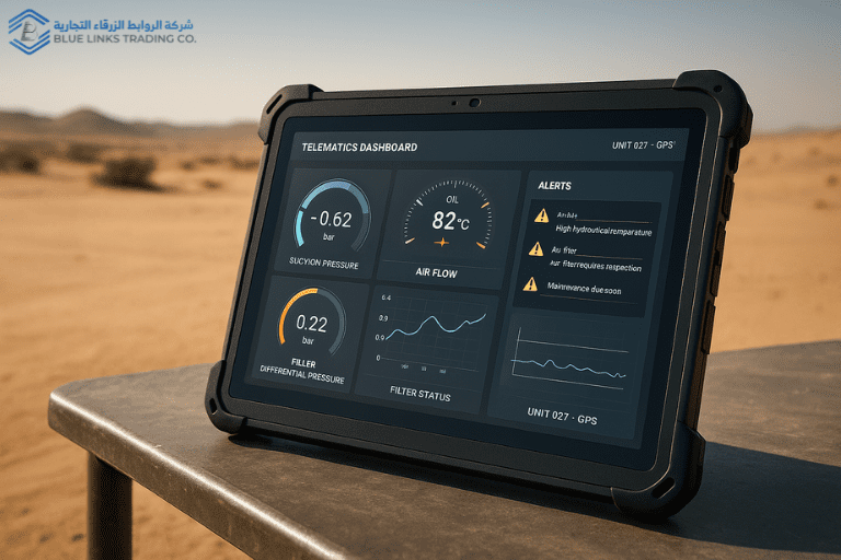 A live telematics dashboard displaying suction pressure, oil temperature, filter status, and alert notifications for desert operations,Suction Excavation in Desert Environments