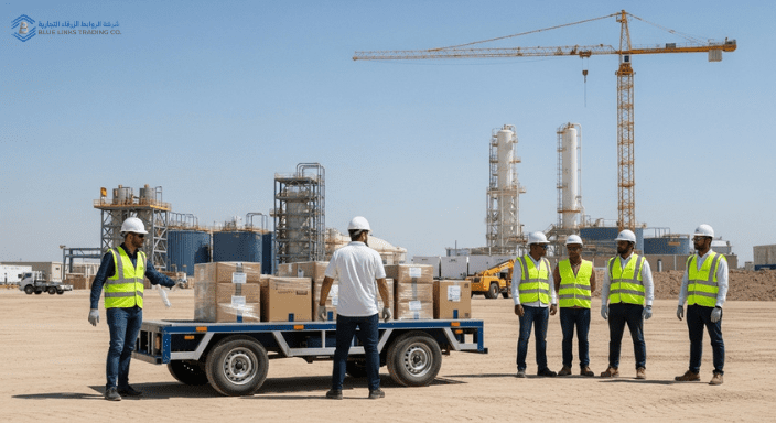 فريق من مهندسي شركة الروابط الزرقاء يديرون عمليات التوريد في أحد المشاريع الوطنية الكبرى. الشراكات الاستراتيجية في خدمات التوريد بالسعودية