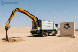 مركبة حديثة مخصصة للحفر بالشفط تعمل داخل موقع بنية تحتية تابع لمشروع نيوم في شمال غرب المملكة العربية السعودية، مع ظهور لافتة “NEOM Infrastructure” في الخلفية.