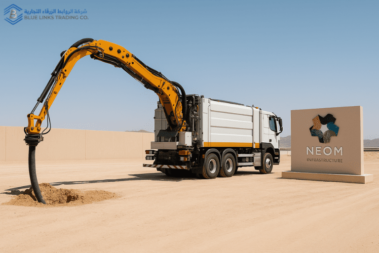 مركبة حديثة مخصصة للحفر بالشفط تعمل داخل موقع بنية تحتية تابع لمشروع نيوم في شمال غرب المملكة العربية السعودية، مع ظهور لافتة “NEOM Infrastructure” في الخلفية.