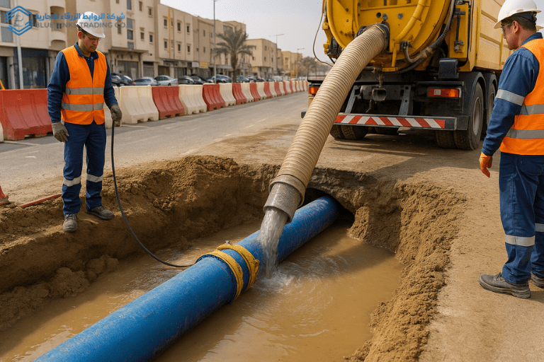 عمال يستخدمون تقنية الحفر بالشفط لإصلاح خط مياه أرضي في منطقة حضرية داخل السعودية، مع ظهور حواجز أمان واضحة ومياه متسربة حول موقع العمل.