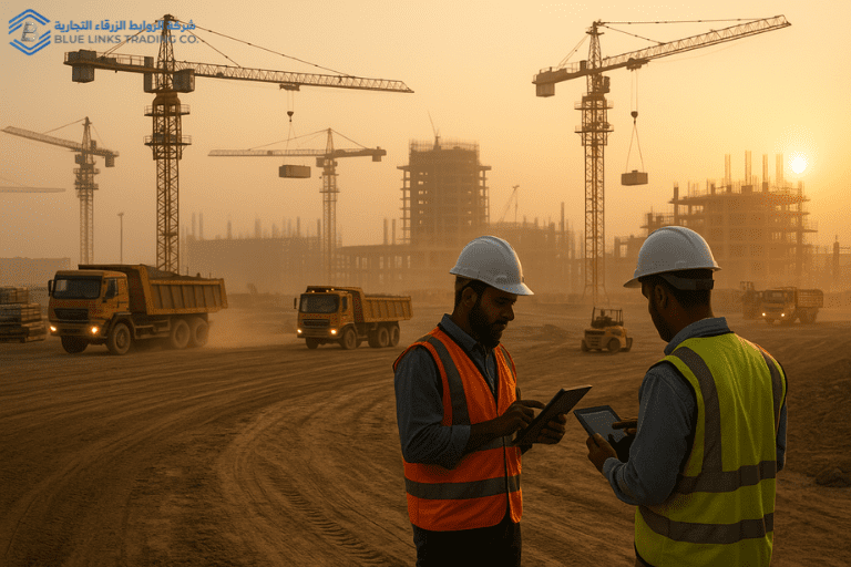 مهندسون يديرون عمليات سلسلة الإمداد في موقع إنشاء سعودي.