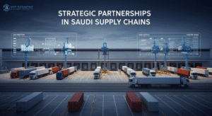 Aerial view of Saudi industrial logistics hub with cargo trucks, cranes, and digital tracking screens representing strategic partnerships in supply chains.