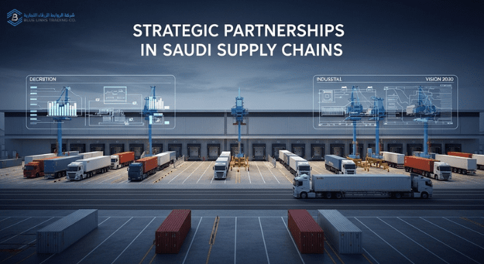 Aerial view of Saudi industrial logistics hub with cargo trucks, cranes, and digital tracking screens representing strategic partnerships in supply chains.