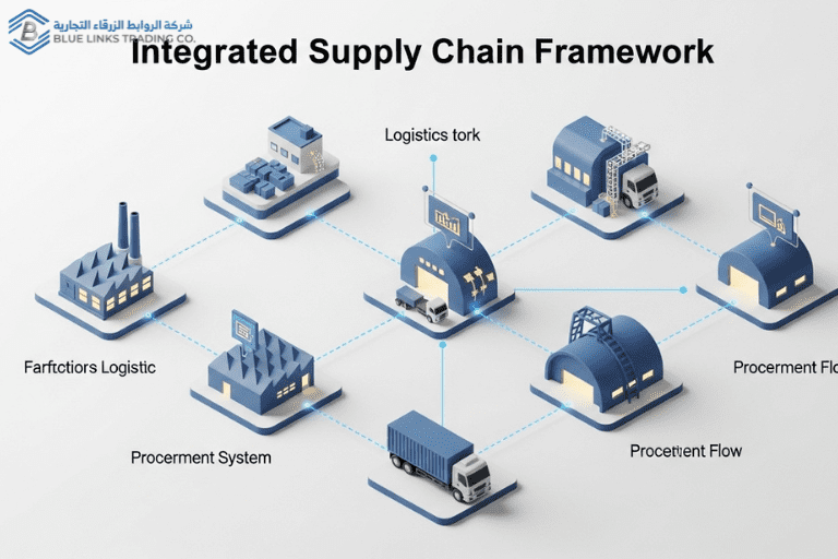 Diagram showing an integrated supply chain network connecting factories, ports, warehouses, and trucks.