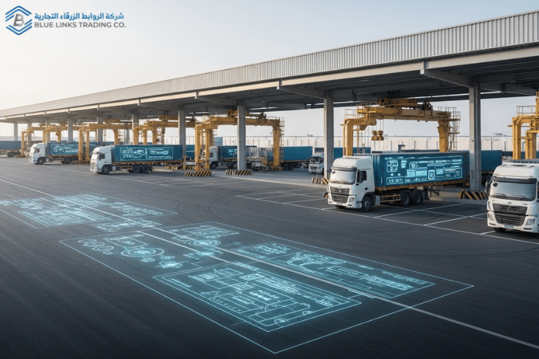 Industrial logistics hub in Saudi Arabia showing cargo trucks, cranes, and digital tracking screens.