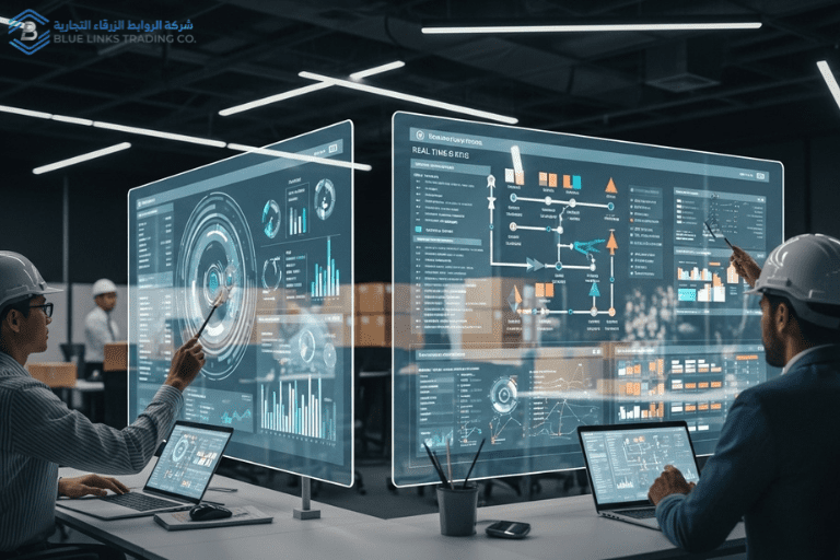 Engineers analyzing logistics data on digital screens in a project control room