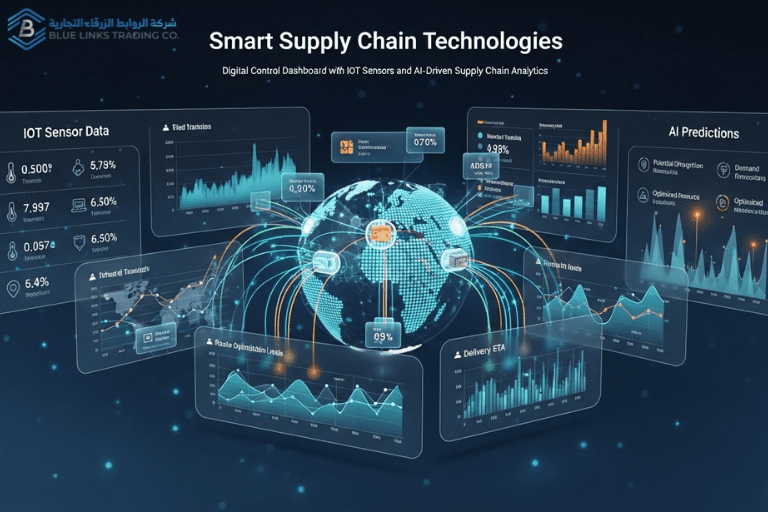 Digital control dashboard with IoT sensors and AI-driven supply chain analytics
