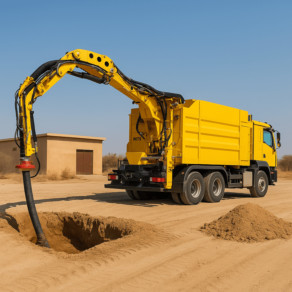 Suction excavation truck operating on a Saudi infrastructure site under bright daylight.