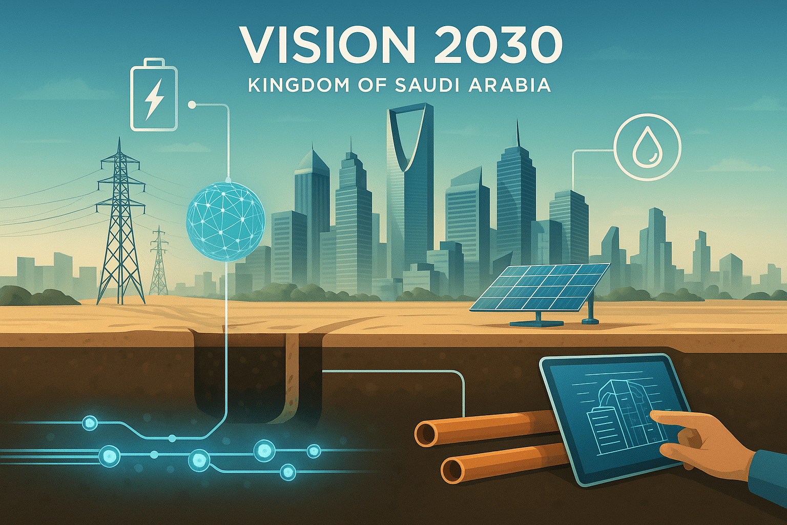 Futuristic Saudi city skyline with smart infrastructure systems representing Vision 2030.