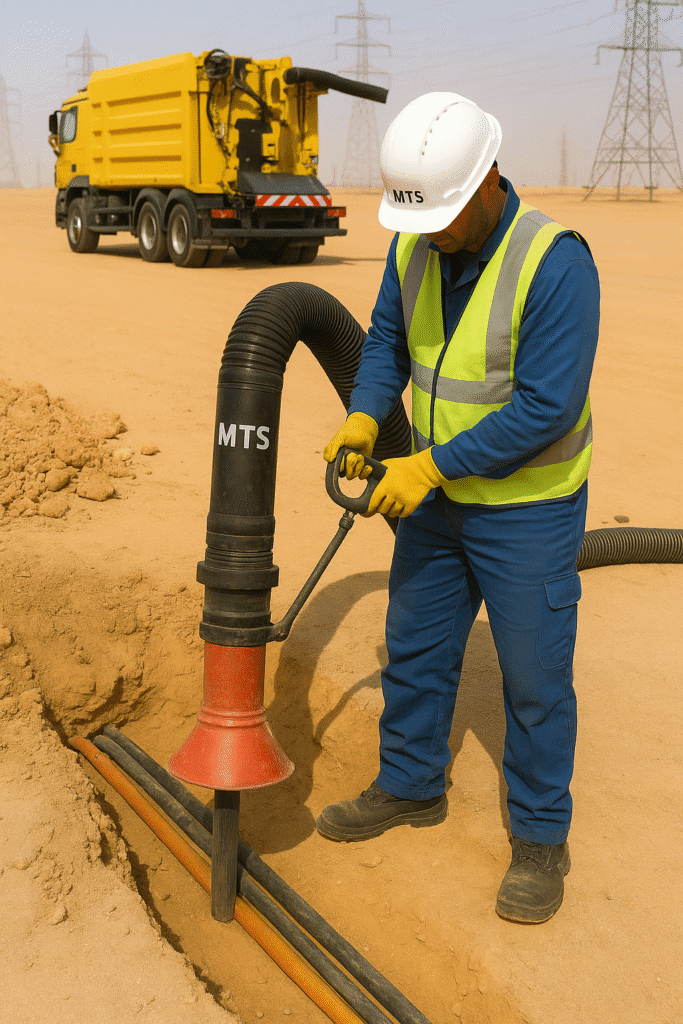 Technician using vacuum excavation near underground power lines in Riyadh.
