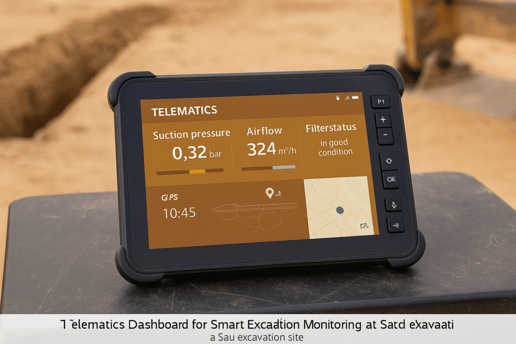 Telematics dashboard displaying suction pressure, airflow, and filter status on a rugged tablet.