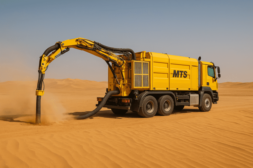 Vacuum excavation truck operating in the Saudi desert with visible dust filtration systems.