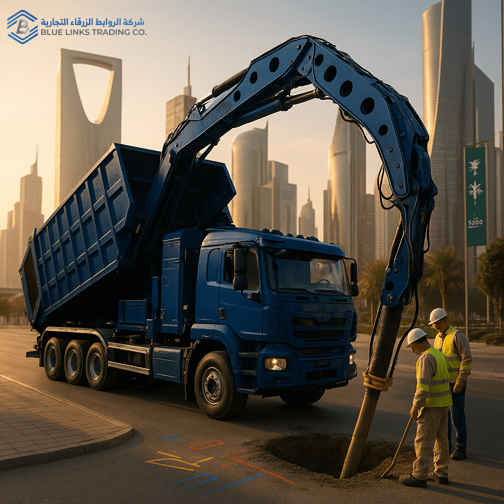 ذراع حفارة شفط MTS زرقاء تُظهر تفاصيل نظام التحكم والمكونات المعدنية بدقة عالية في موقع عمل سعودي.