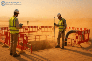 A wide desert worksite in the Gulf with heat haze, fine blowing sand, and engineers surveying a controlled suction excavation zone.