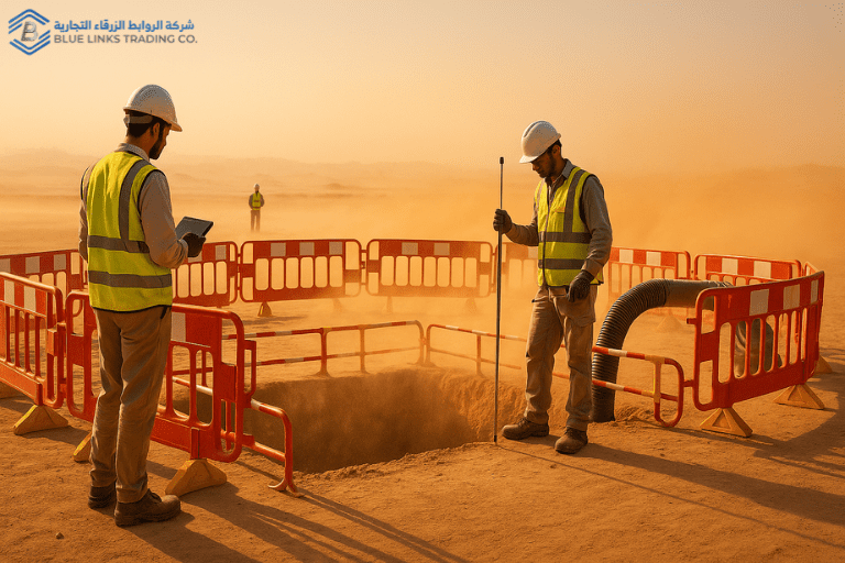 A wide desert worksite in the Gulf with heat haze, fine blowing sand, and engineers surveying a controlled suction excavation zone.