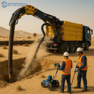 Engineers operating GPR equipment beside an MTS suction excavation truck in the Saudi desert, detecting underground utilities under Vision 2030 infrastructure projects.