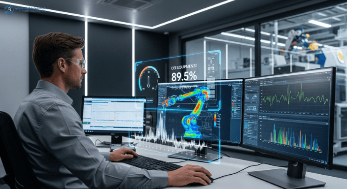 لوحة تحكم صناعية ذكية تُظهر تحليلات الصيانة التنبؤية، وأجهزة استشعار متصلة بإنترنت الأشياء، ومهندسين يراقبون البيانات في مصنع سعودي حديث.