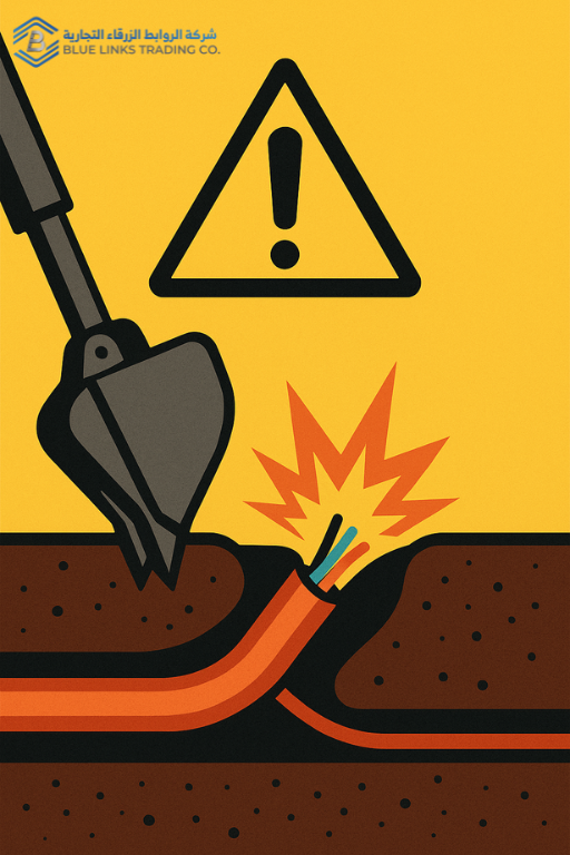 Damaged underground cable after unsafe mechanical digging (illustration-style safety image).