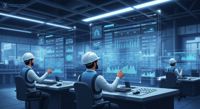 Saudi engineers monitoring smart factory dashboards showing predictive maintenance analytics and AI-based IoT sensor data.