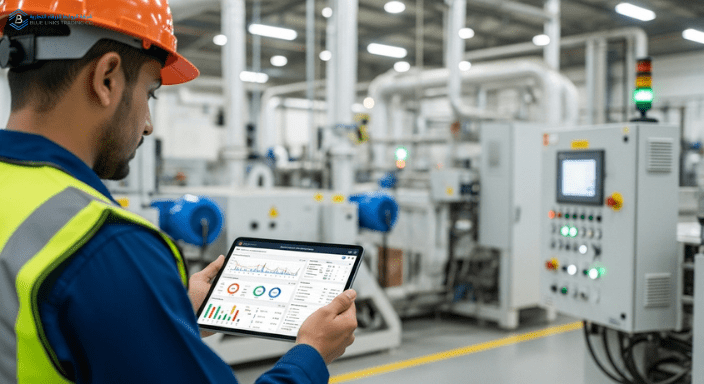 Industrial technician using a digital tablet to analyze predictive maintenance data from factory equipment.