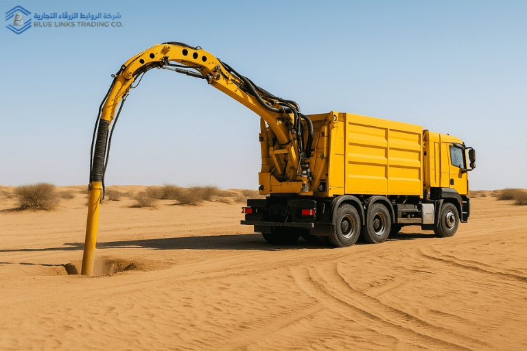 Suction Excavator performing dry excavation in sandy terrain under the Saudi sun.