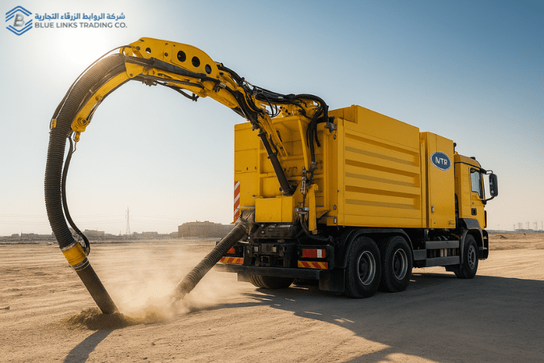Modern suction excavator operating at a Saudi infrastructure site under the desert sun, showcasing non-destructive digging near underground utilities.
