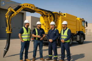 Blue Links Trading Co. engineers inspecting an MTS suction excavator unit in a Saudi industrial yard.