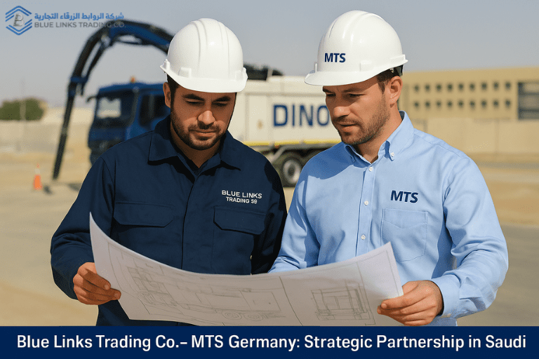 مهندسون من شركة الروابط الزرقاء ومجموعة MTS الألمانية يتعاونون في موقع مشروع بنية تحتية سعودي.