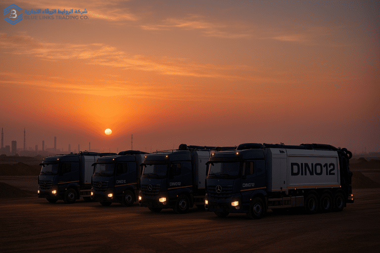 أسطول من حفارات DINO من شركة MTS أثناء غروب الشمس في موقع صناعي سعودي، يرمز إلى الابتكار ورؤية السعودية 2030. حفارات الشفط DINO من MTS