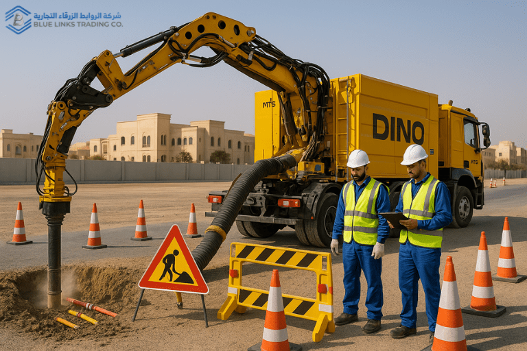 High-resolution image of an MTS suction excavator operating safely on a Saudi infrastructure site with workers inspecting underground utilities.