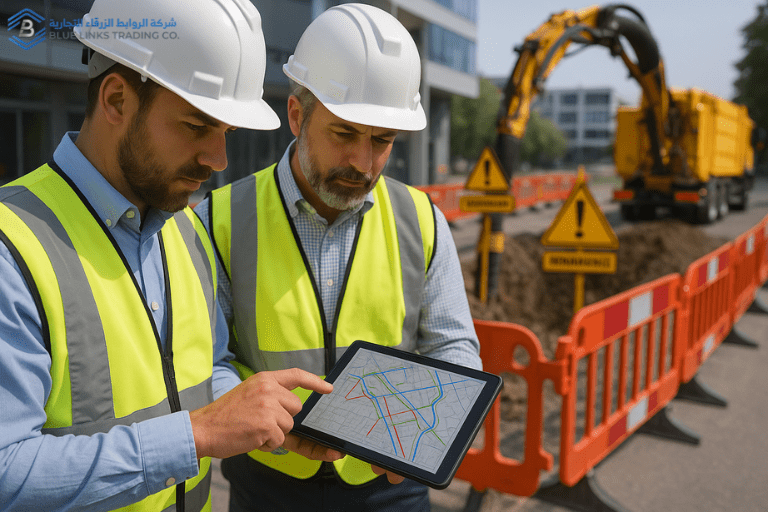 Engineers reviewing underground utility maps while supervising a suction excavation zone.