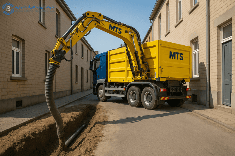 MTS suction excavator exposing a utility line in a narrow urban corridor.