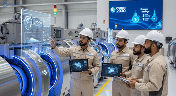 Saudi engineers examining energy-efficient equipment using predictive maintenance technology.
