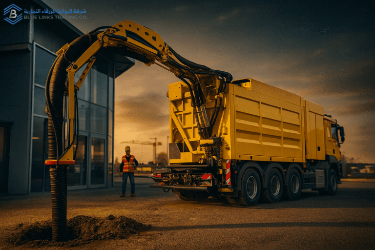 صورة سينمائية عالية الدقة لحفار شفط أصفر يعمل في موقع إنشاء، مع ذراع شفط ممتد داخل التربة، وعامل يرتدي معدات السلامة في الخلفية.