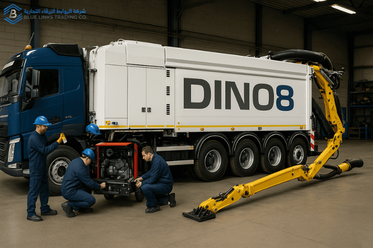 فريق صيانة يقوم بتزييت الذراع الهيدروليكية وفحص الكمبروسر الخاص بحفار شفط DINO8.