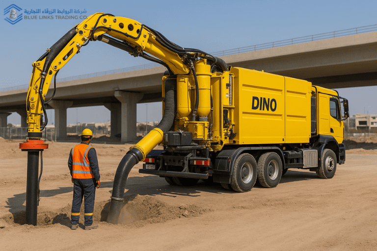 High-resolution image of an MTS DINO suction excavator operating on a Saudi construction site, highlighting safe non-destructive excavation and maintenance-ready components.