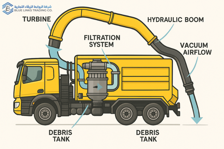 Cutaway technical diagram of a suction excavator showing turbine, filtration, boom hydraulics, and airflow pathway.