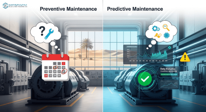 Side-by-side visualization comparing preventive vs predictive maintenance in Saudi factories.