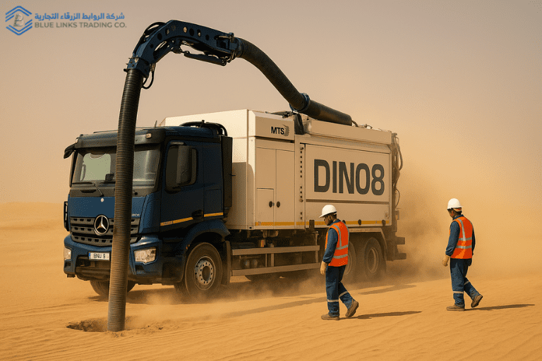 Suction excavator operating in desert terrain with sand, heat haze, and PPE-equipped crew.