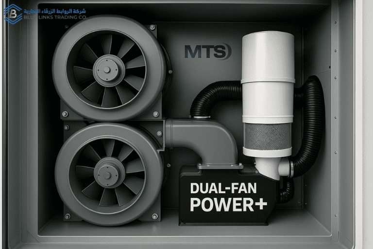 صورة عالية الدقة توضّح نظام المروحتين Dual-Fan Power+ داخل حفار شفط من طراز DINO، مع إبراز مسارات تدفق الهواء وهندسة الفلاتر الداخلية.