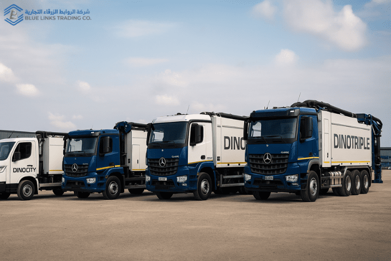 صورة عالية الدقة تُظهر أربعة نماذج من حفارات الشفط MTS DINO — DINOCITY وDINO8 وDINO12 وDINOTRIPLE — مصطفّة في موقع صناعي مفتوح لعرض الفروقات بينها بصريًا.